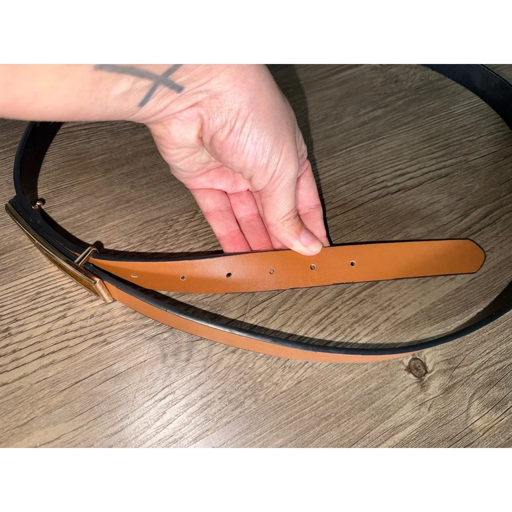 Womens Reversible Belt Tan Black Faux Leather Gold Rectangular Buckle Slim 48in